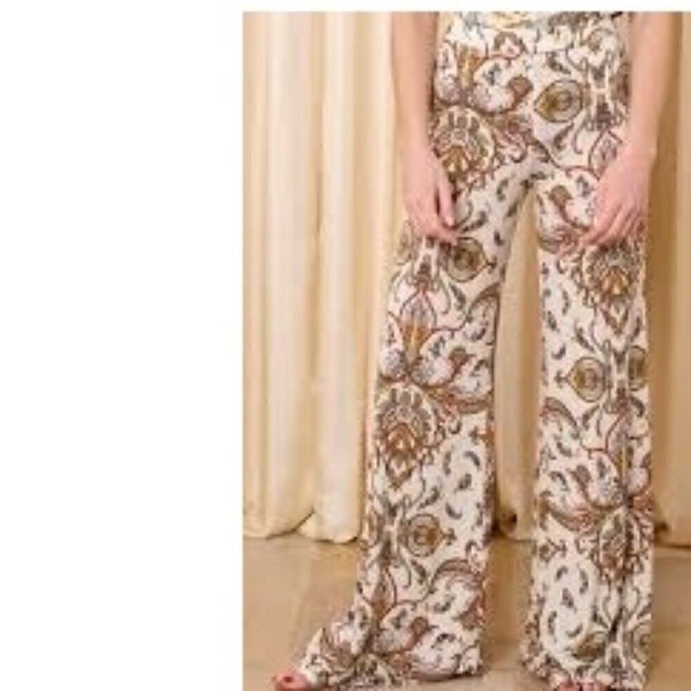 Susy Mix Cream Blue Yellow Paisley Floral Wide Leg Flowy Pants